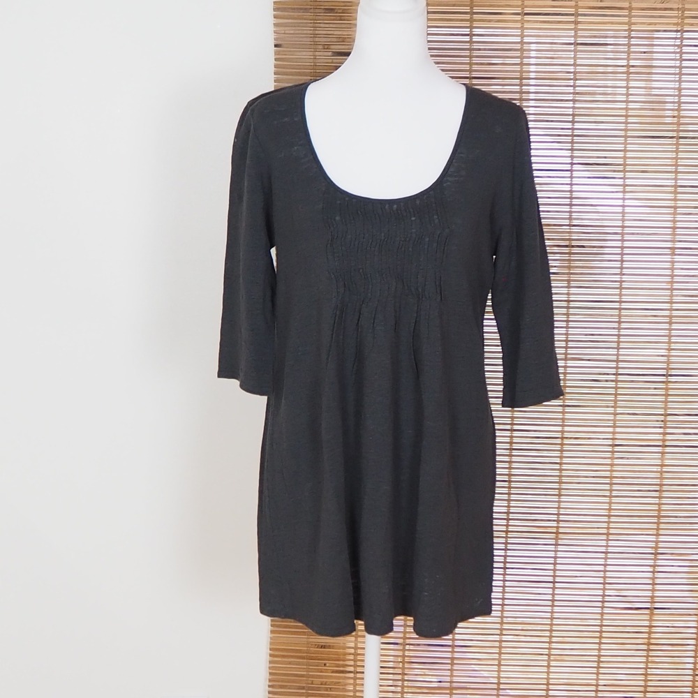 Eileen Fisher 100% Linen Tunic Top Sz Small 3/4 Sleeve‎ Scoop Neck Pintuck Pleat
